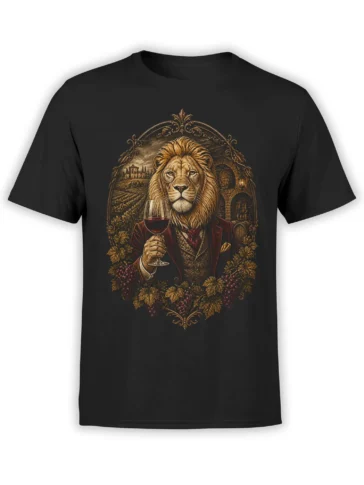 black unisex shirt with vintage lion gentleman holding red wine in a grape and vineyard frame, detailed wine art on chest
