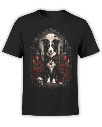 black unisex t-shirt with gothic vampire border collie design framed by roses, candles, skull and moon