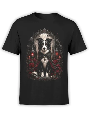 black unisex t-shirt with gothic vampire border collie design framed by roses, candles, skull and moon