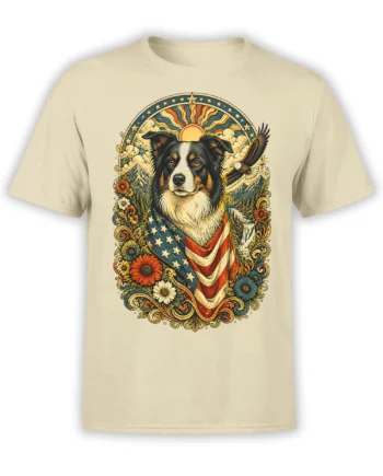 beige unisex t-shirt with vintage patriotic collie wrapped in American flag, eagle, mountains, and floral frame artwork on the chest