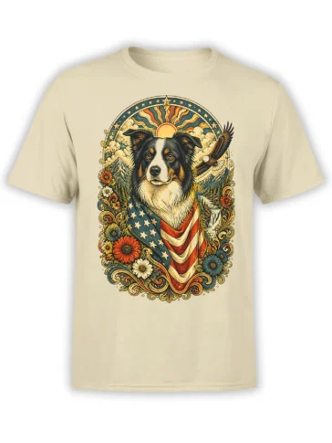 beige unisex t-shirt with vintage patriotic collie wrapped in American flag, eagle, mountains, and floral frame artwork on the chest