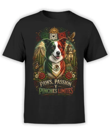 Black unisex shirt with detailed Mexican flag dog, roses, cactus, pyramid, church and “Paws, Passion y Pinches Limites” slogan