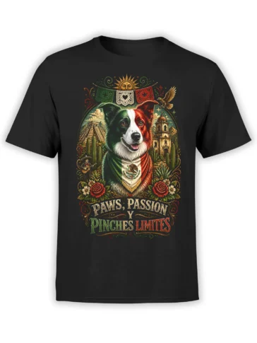 Black unisex shirt with detailed Mexican flag dog, roses, cactus, pyramid, church and “Paws, Passion y Pinches Limites” slogan