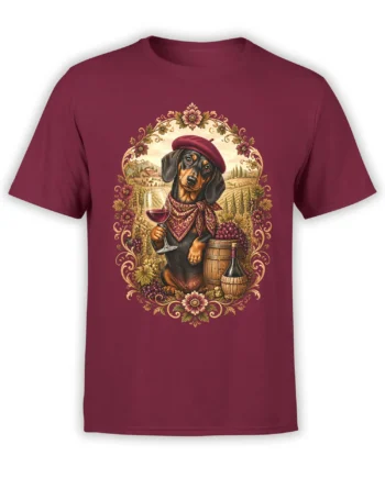 Red unisex shirt with a dachshund in a beret holding wine, framed by flowers and vineyards in a vintage illustration