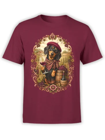 Red unisex shirt with a dachshund in a beret holding wine, framed by flowers and vineyards in a vintage illustration