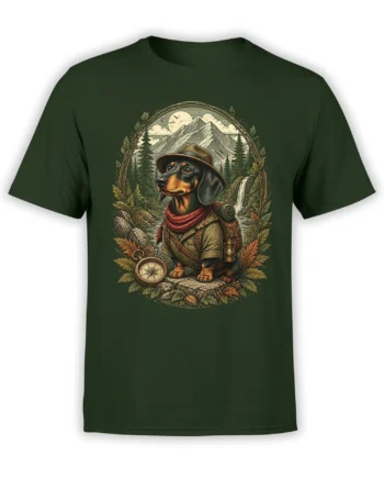 green unisex t-shirt with vintage dachshund explorer hiking design in a forest mountain scene with compass and camping gear