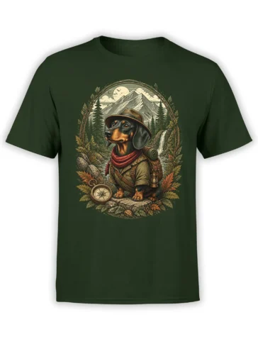 green unisex t-shirt with vintage dachshund explorer hiking design in a forest mountain scene with compass and camping gear