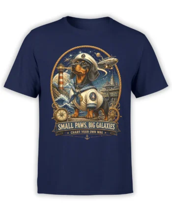 navy dachshund sailor space dog t-shirt showing the full “Small Paws, Big Galaxies” design on the front