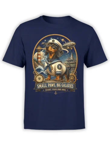 navy dachshund sailor space dog t-shirt showing the full “Small Paws, Big Galaxies” design on the front