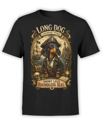 black unisex t-shirt with detailed pirate dachshund artwork, treasure chest, ship, lighthouse, and nautical lettering Long Dog Legendary Voyage