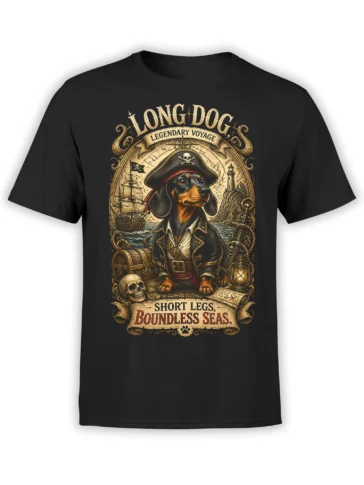 black unisex t-shirt with detailed pirate dachshund artwork, treasure chest, ship, lighthouse, and nautical lettering Long Dog Legendary Voyage