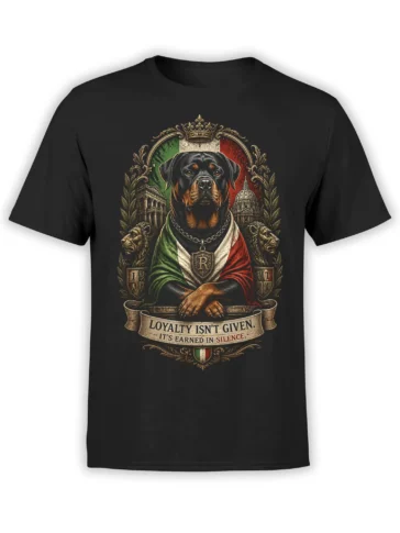 black t-shirt with regal rottweiler in Italian flag cloak, crown, Roman details, and loyalty quote in ornate vintage style