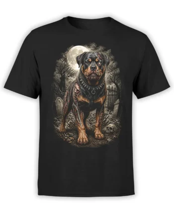 Black t-shirt with a detailed zombie rottweiler standing in a graveyard under a full moon, surrounded by skulls and tombstones