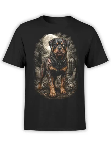 Black t-shirt with a detailed zombie rottweiler standing in a graveyard under a full moon, surrounded by skulls and tombstones