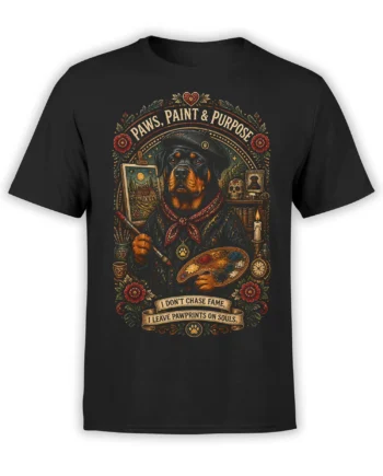 Black unisex shirt featuring a vintage rottweiler painter with brush and palette, framed by ornate floral details and the quote Paws, Paint & Purpose
