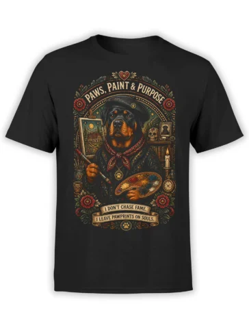 Black unisex shirt featuring a vintage rottweiler painter with brush and palette, framed by ornate floral details and the quote Paws, Paint & Purpose
