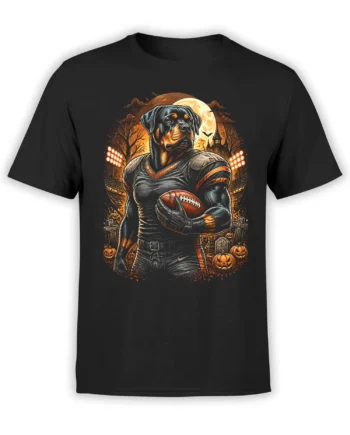 Black unisex shirt with rottweiler football player design in a spooky stadium scene with pumpkins, gravestones, and full Halloween moon