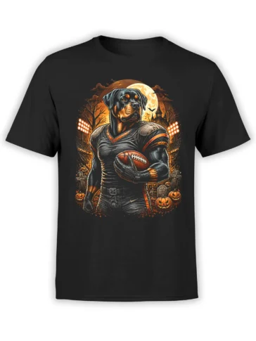Black unisex shirt with rottweiler football player design in a spooky stadium scene with pumpkins, gravestones, and full Halloween moon