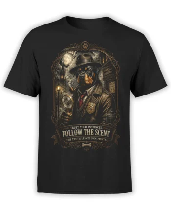 Black unisex t-shirt with detailed noir-style Rottweiler detective graphic holding a magnifying glass and pipe under a moonlit city sky