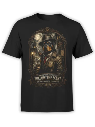 Black unisex t-shirt with detailed noir-style Rottweiler detective graphic holding a magnifying glass and pipe under a moonlit city sky