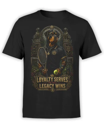Black unisex t-shirt with detailed Rottweiler tennis champion artwork and “Loyalty Serves the Ball Legacy Wins” quote