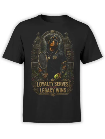 Black unisex t-shirt with detailed Rottweiler tennis champion artwork and “Loyalty Serves the Ball Legacy Wins” quote