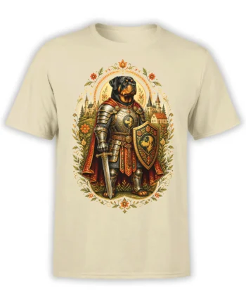 Front view of beige unisex t-shirt with ornate Rottweiler knight in detailed armor holding sword and shield framed by castle and floral motifs
