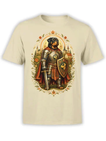 Front view of beige unisex t-shirt with ornate Rottweiler knight in detailed armor holding sword and shield framed by castle and floral motifs