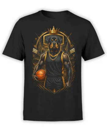 Black t-shirt with muscular rottweiler basketball player wearing crown and chain in dramatic gold and orange city arena artwork