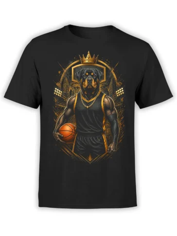 Black t-shirt with muscular rottweiler basketball player wearing crown and chain in dramatic gold and orange city arena artwork