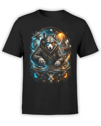 black unisex t-shirt with detailed space wolf DJ artwork in neon blue and orange with planets and speakers