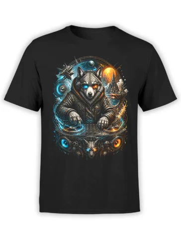 black unisex t-shirt with detailed space wolf DJ artwork in neon blue and orange with planets and speakers