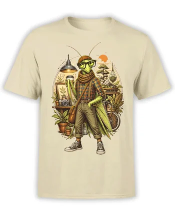 Beige unisex T-shirt with detailed hipster praying mantis graphic holding coffee among plants and a bicycle