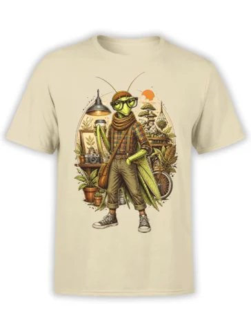 Beige unisex T-shirt with detailed hipster praying mantis graphic holding coffee among plants and a bicycle