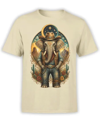 beige unisex t-shirt featuring a detailed cowboy elephant standing in a desert with cacti, roses, crescent moon, and planets