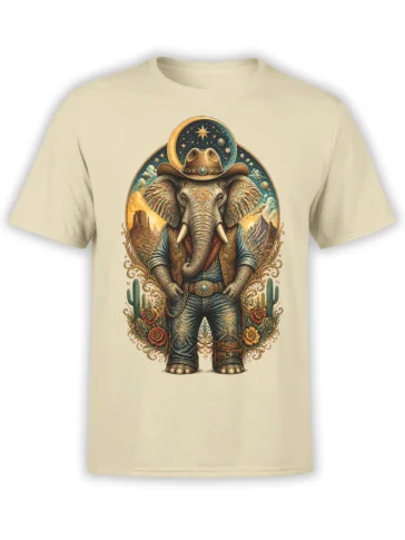 beige unisex t-shirt featuring a detailed cowboy elephant standing in a desert with cacti, roses, crescent moon, and planets