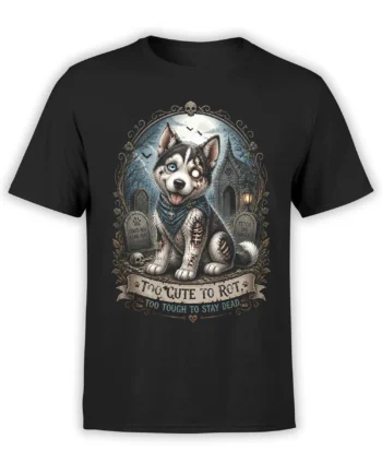 Black unisex t-shirt featuring a cute zombie husky dog in a moonlit graveyard with a Too Cute To Rot banner and gothic details