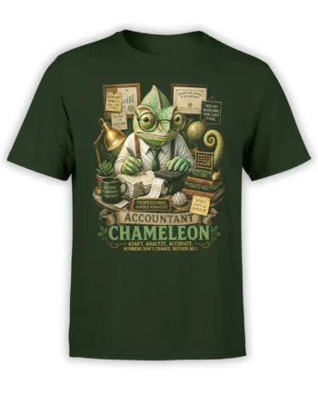 green unisex t-shirt with detailed chameleon accountant illustration at a vintage desk surrounded by finance books, graphs, and calculator