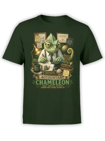 green unisex t-shirt with detailed chameleon accountant illustration at a vintage desk surrounded by finance books, graphs, and calculator