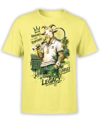 yellow unisex t-shirt with a detailed tennis GOAT graphic and bold motivational legacy phrases on the front