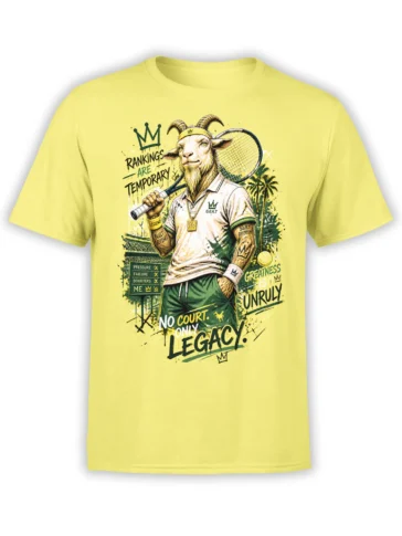 yellow unisex t-shirt with a detailed tennis GOAT graphic and bold motivational legacy phrases on the front