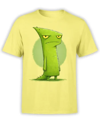 pastel yellow unisex t-shirt with a grumpy green cartoon dinosaur standing in front of a soft green circle