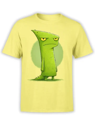 pastel yellow unisex t-shirt with a grumpy green cartoon dinosaur standing in front of a soft green circle