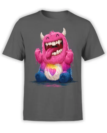 Gray unisex t-shirt with a neon pink and blue cute monster graphic, huge grin, tongue out, and glowing heart belly in a splashy paint style.