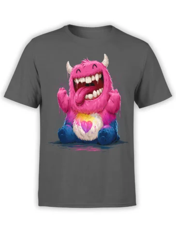 Gray unisex t-shirt with a neon pink and blue cute monster graphic, huge grin, tongue out, and glowing heart belly in a splashy paint style.
