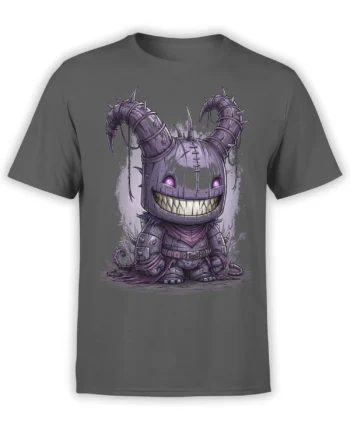 Gray unisex t-shirt featuring a creepy cute purple demon monster in armor with curled horns, glowing eyes, and a wide wicked grin