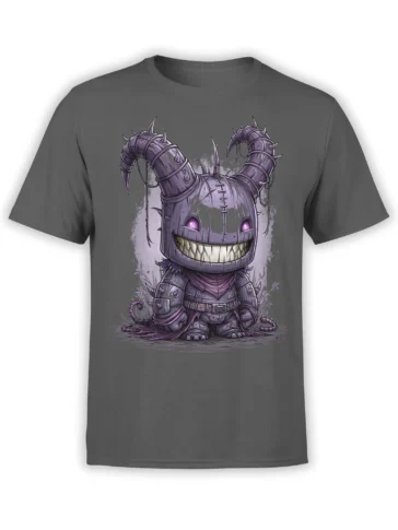 Gray unisex t-shirt featuring a creepy cute purple demon monster in armor with curled horns, glowing eyes, and a wide wicked grin