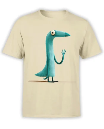 beige unisex t-shirt with a teal fluffy alien bird standing and waving in a simple minimalist style