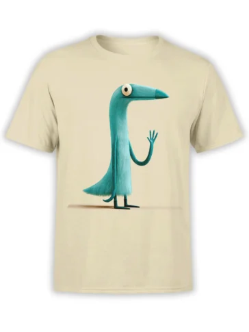 beige unisex t-shirt with a teal fluffy alien bird standing and waving in a simple minimalist style