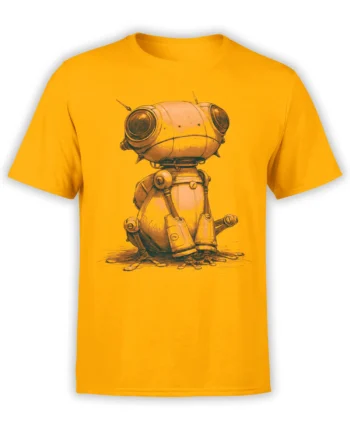 Front view of yellow unisex t-shirt with cute sketch-style robot sitting quietly with big round eyes and retro sci fi vibe